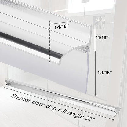 32" Shower Door Bottom Deflector for Chrome Framed Shower Door | Drip Rail Replacement with Vinyl Sweep,Attach pre adhesive installation tape and screws