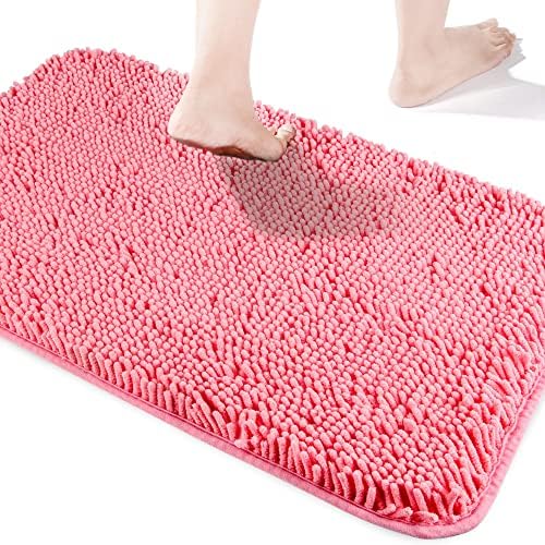 Yeaban Chenille Pink Bathroom Rug 26"x44", Non-Slip Rubber Backing