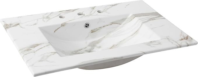 JONATHAN Y SNK1002C Ancillary 3-Hole 30 in. W x 18.25 in. D Classic Contemporary Rectangular Ceramic Single Sink Basin Vanity Top, White Marble Effect