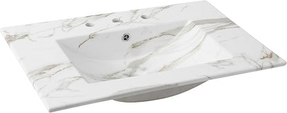 JONATHAN Y SNK1002C Ancillary 3-Hole 30 in. W x 18.25 in. D Classic Contemporary Rectangular Ceramic Single Sink Basin Vanity Top, White Marble Effect