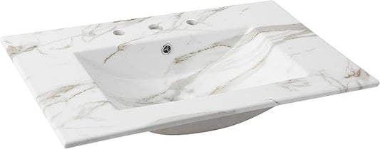 JONATHAN Y SNK1002C Ancillary 3-Hole 30 in. W x 18.25 in. D Classic Contemporary Rectangular Ceramic Single Sink Basin Vanity Top, White Marble Effect