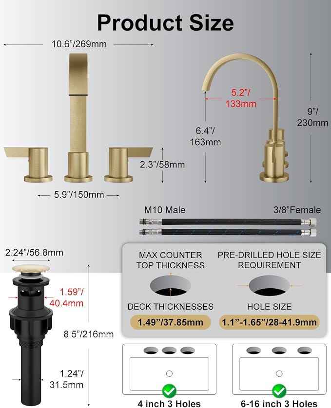 Brushed Gold 3 Hole Bathroom Faucet,8" Widespread Vanity Faucet | 2 Handle Waterfall Bathroom Sink Faucet with Pop-Up Drain,Supply Lines,360° Swivel Spout,Lead-Free Stainless Steel,Deck Mount