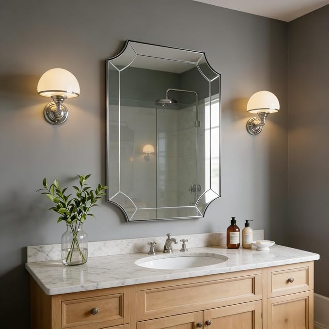 24"x36" Brushed Nickel Mirror, Scalloped Corner Wall Mirror with Segmented Glass, Silver Vanity Mirror in Anti-Rust Stainless Steel Metal Frame, Wall-Mounted Mirror (Horizontal/Vertical)