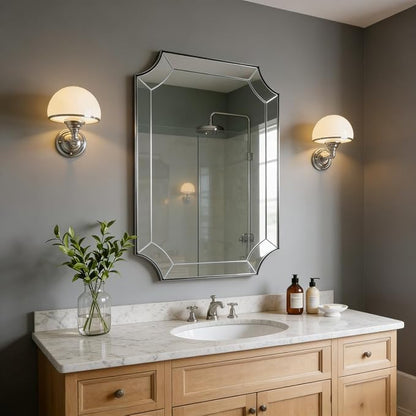24"x36" Brushed Nickel Mirror, Scalloped Corner Wall Mirror with Segmented Glass, Silver Vanity Mirror in Anti-Rust Stainless Steel Metal Frame, Wall-Mounted Mirror (Horizontal/Vertical)