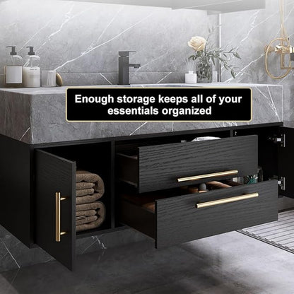 Bathroom Vanity with Sink 39.5" Floating Bathroom Vanity Sintered Stone Modern Bathroom Vanity Set, Black (Wall Mounted, Gold Handle)