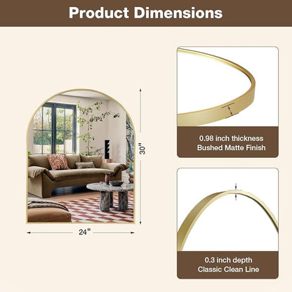 24"x30" Brushed Gold Arched Vanity Bathroom Mirror, Set of 2 | Aluminum Alloy Frame, Clear Reflection, Rust-Resistant, Vertical or Horizontal, Wall Mount, Bedroom and Entryway