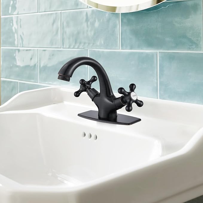 gotonovo Bathroom Sink Faucet Single Hole Double Cross Handle Knobs Lavatory Vessel Sink Mixer Tap Bathroom Faucet with Pop up Drain and Deck Cover Plate Oil Rubbed Bronze
