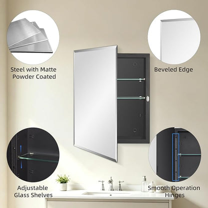 IDYLLOR Black Bathroom Medicine Cabinet with Beveled Edge Mirrored Door 16 x 20 inch, Recessed or Surface Mount, with Adjustable Glass Shelves