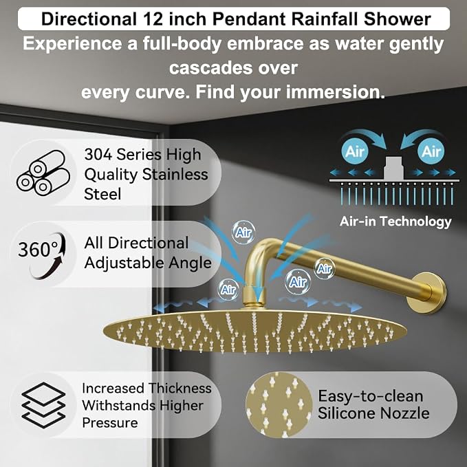 Shower Systems, Bostingner 12+6" Round Dual Rainfall Shower head with 2 in 1 Handheld Spray, Can Use All at Once, Wall Mount Push Button Shower Faucet Set with Valve and Trim Kit,Brushed Gold