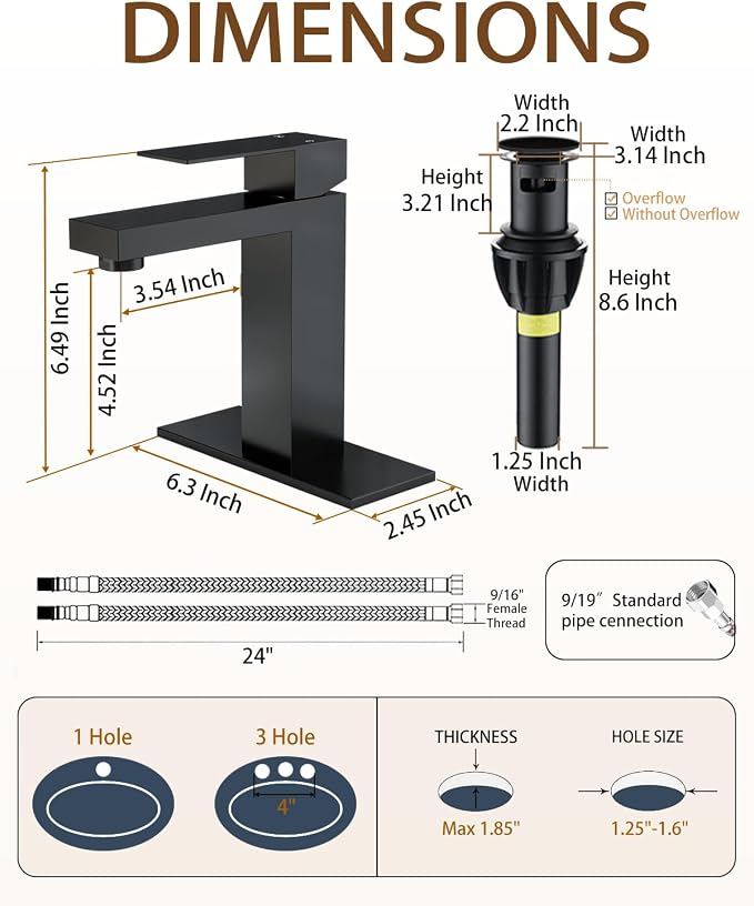Matte Black Bathroom Faucet Single Hole with Pop-Up Bathroom Drain Single Handle Bathroom Sink Faucet w/Deck Plate(1 or 3 Hole) for Vanity Sinks, RV, Farmhouse