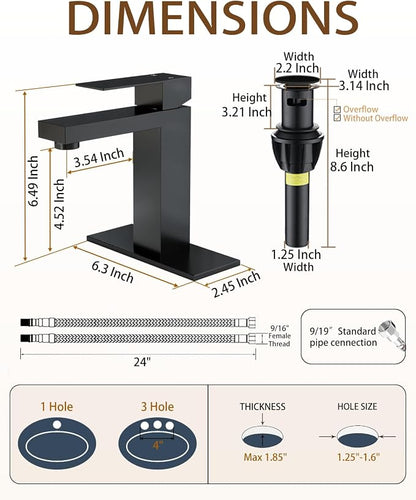 Matte Black Bathroom Faucet Single Hole with Pop-Up Bathroom Drain Single Handle Bathroom Sink Faucet w/Deck Plate(1 or 3 Hole) for Vanity Sinks, RV, Farmhouse