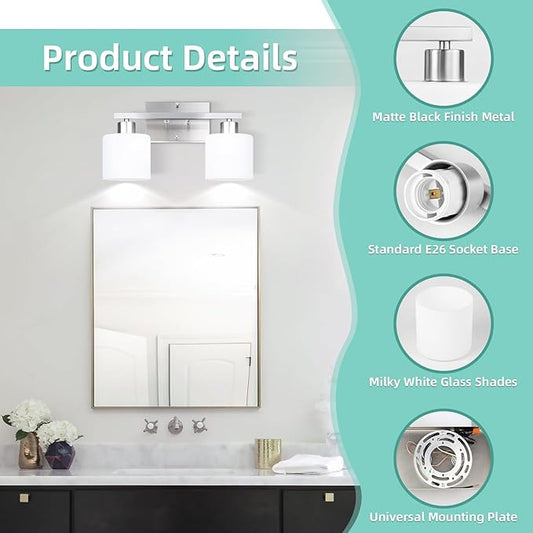 SILAMPDI Bathroom Lighting Fixtures Over Mirror Brushed Nickel, Modern 2-Light Vanity Lights Fixtures, Wall Sconces Light for Bedroom, Hallway, Milky White Glass Shades, E26 Base, Bulbs Not Included