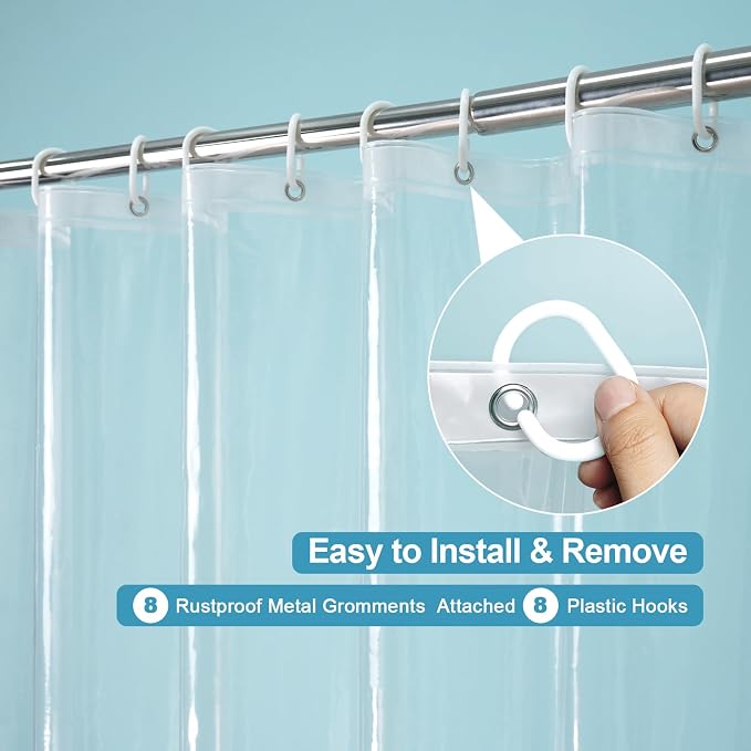 EurCross 48 x 84 inch Extra Long Stall Shower Curtain Liner with 3 Magnet Weights and Hooks, Heavy Duty Waterproof 9G PEVA Transparent Plastic Long Stall Shower Curtain, 8 Metal Grommets.