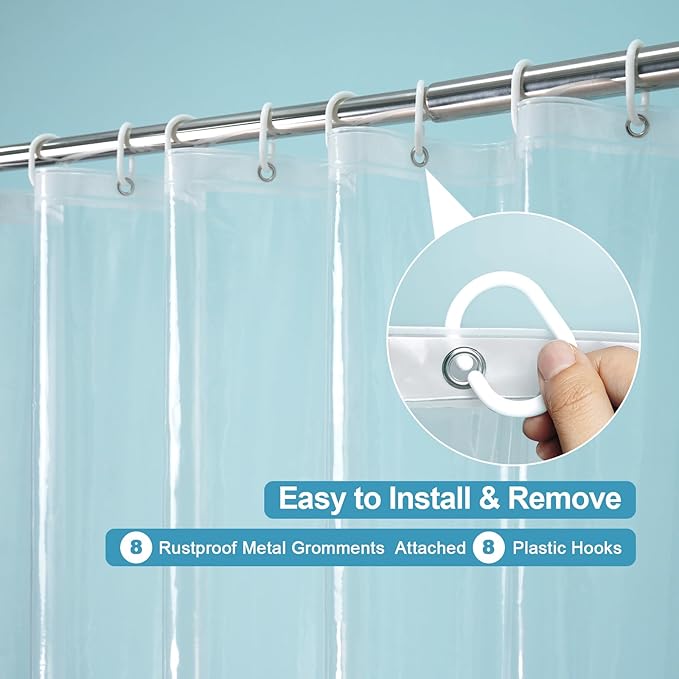 EurCross 48 x 78 inch Long Shower Curtain Liner with 3 Magnets and Hooks, 9G Heavy Duty Premium PEVA Clear Plastic Shower Curtain for Tall Shower Stall 48x78, 8 Metal Grommets