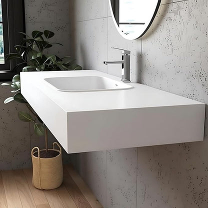 59" x 21.6" Wall-Mounted Stone Resin Rectangular Vessel Sink, Modern Floating Bathroom Sink for Vanity, Art Basin Trough, Durable and Stylish Bathroom Sink for Modern Homes, White