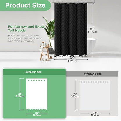 Dynamene Stall Fabric Shower Curtain, 60 x 84 inch Long Boho Farmhouse Tufted Chevron Striped Tassel Shower Curtain, Minimalist Ruffled Textured Cloth Shower Curtain Set, 10 Hook, 60x84, Black