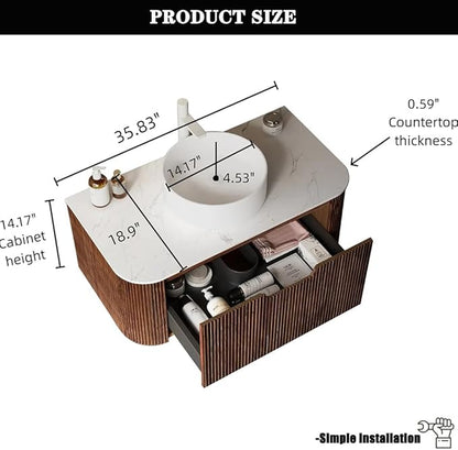 36'' Bathroom Vanities Cabinet with Sink Combo, Wall Mounted Floating Cabinet W/Curved Edges Stripes, Oak Plywood, Soft-close System with a Drawer, White Round Ceramic Basin - Kiel, Dark Walnut