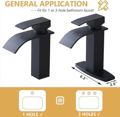 Matte Black Waterfall Bathroom Faucet, Single Handle Bathroom Sink Faucet for 1 or 3 Hole, Modern Vanity Faucet with Deck, Pop-up Drain and Supply Hoses