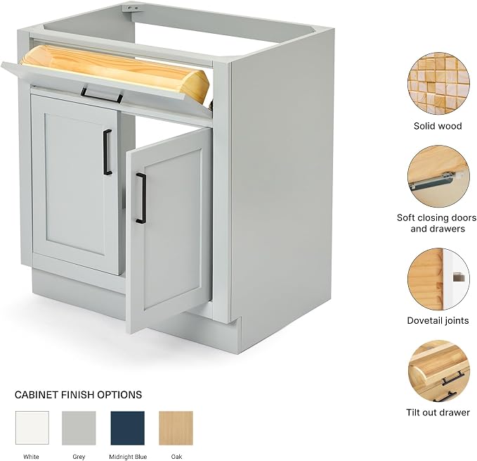 ARIEL Hepburn 30-inch Bathroom Vanity Base Cabinet,Solid Wood, 2 Soft Closing Doors, 1 Dovetail Drawers, Grey