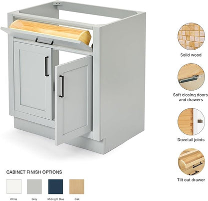 ARIEL Hepburn 30-inch Bathroom Vanity Base Cabinet,Solid Wood, 2 Soft Closing Doors, 1 Dovetail Drawers, Grey