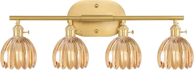 Bathroom Light Fixtures, 4-Light Brass Vanity wall Light Over Mirror with Amber Tulip Glass Shade for Bedroom Living Room (Bulb Not Included)