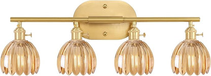 Bathroom Light Fixtures, 4-Light Brass Vanity wall Light Over Mirror with Amber Tulip Glass Shade for Bedroom Living Room (Bulb Not Included)