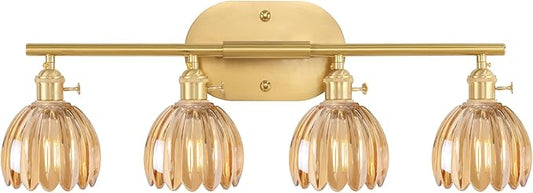 Bathroom Light Fixtures, 4-Light Brass Vanity wall Light Over Mirror with Amber Tulip Glass Shade for Bedroom Living Room (Bulb Not Included)