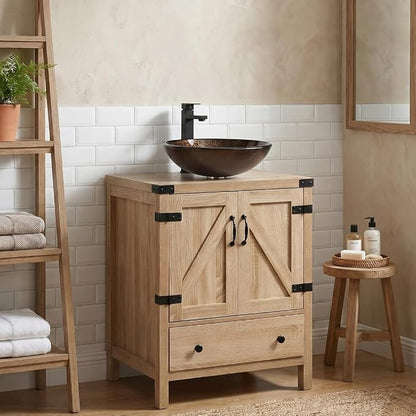 24 inch Natural Color Bathroom Vanity, Rustic Fixture Standing Pedestal Cabinet with Brown Round Glass Sink