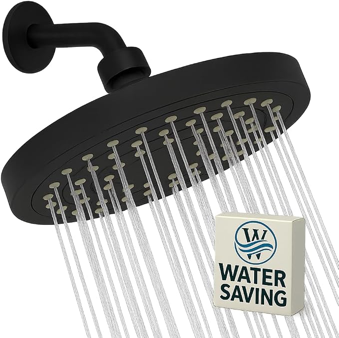 Winthorpe Conservation Rain Shower Head, Matte Black, Round, Low Flow, High Pressure, 1.8 GPM Water Saving, 360 Degree, Eco and Energy Efficient Rainfall Showerhead