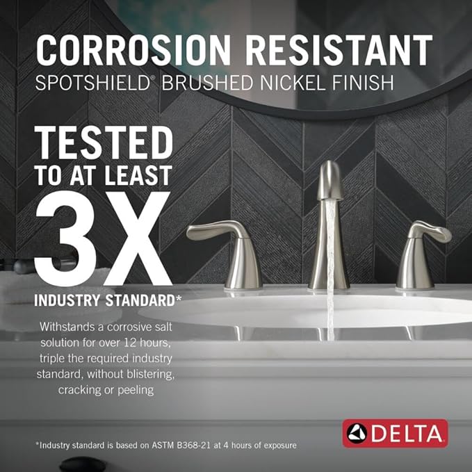 Delta Arvo Brushed Nickel Faucet 3 Hole, 8 Inch Widespread Bathroom Sink Faucet for Vanity, Push-Pop Drain Assembly, Spotshield Stainless 35840LF-SP