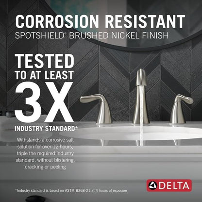 Delta Arvo Brushed Nickel Faucet 3 Hole, 8 Inch Widespread Bathroom Sink Faucet for Vanity, Push-Pop Drain Assembly, Spotshield Stainless 35840LF-SP