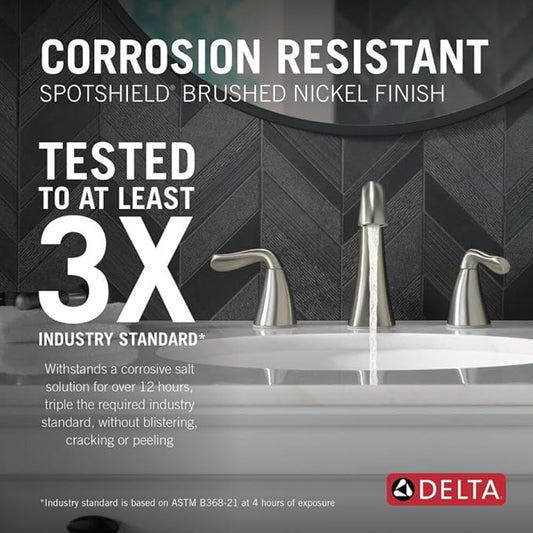 Delta Arvo Brushed Nickel Faucet 3 Hole, 8 Inch Widespread Bathroom Sink Faucet for Vanity, Push-Pop Drain Assembly, Spotshield Stainless 35840LF-SP