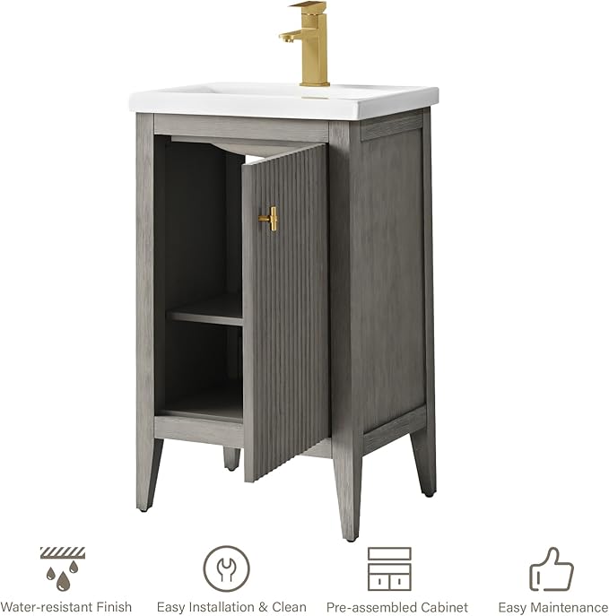 HOMEBEYOND 20" Bathroom Vanity with Ceramic Sink, Solid Wood Free-Standing Vanities Cabinet, Ceramic Top, Golden Brushed Handware & Soft Closing Door, Driftwood Gray