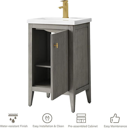 HOMEBEYOND 20" Bathroom Vanity with Ceramic Sink, Solid Wood Free-Standing Vanities Cabinet, Ceramic Top, Golden Brushed Handware & Soft Closing Door, Driftwood Gray