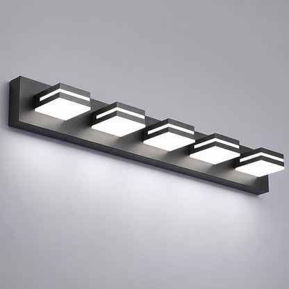 Black Modern LED Bathroom Vanity Light Fixtures over Mirror (36 in 5-Light) | Rotatable Heads, Dimmer Compatible, Wall Mount, Square Shape Design