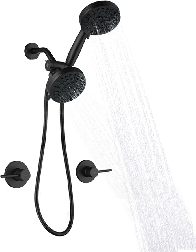 2 Handle Shower Faucet Wall Mounted Two Handles Shower Faucet Set with 8 Modes Rainfall Shower Head and 10 Modes Handheld 2 Knobs Shower Trim Kit with Rough-in Valve, Matte Black