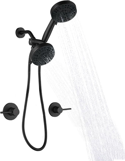 2 Handle Shower Faucet Wall Mounted Two Handles Shower Faucet Set with 8 Modes Rainfall Shower Head and 10 Modes Handheld 2 Knobs Shower Trim Kit with Rough-in Valve, Matte Black