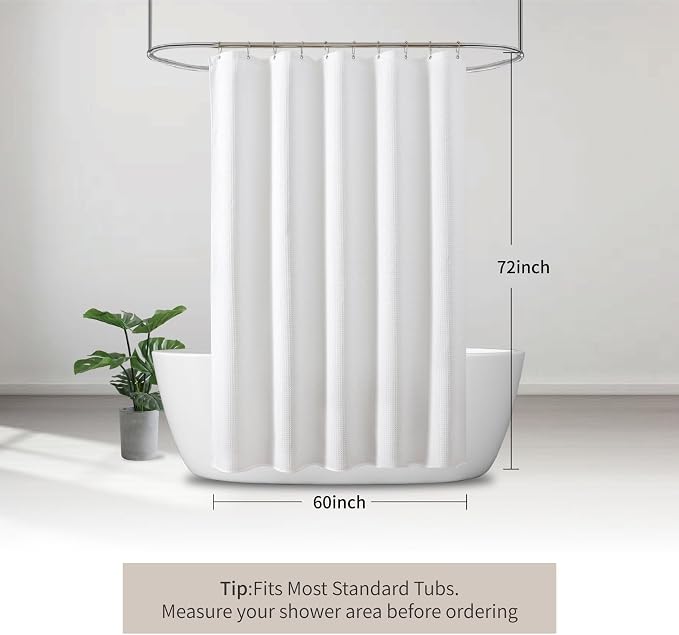 White 256GSM Heavy Duty Waffle Weave Shower Curtain, 60"x72" | Bath Curtain with Rustproof Grommets & Weighted Hem - Hotel Spa Luxury for Bathroom, RV, Apartment