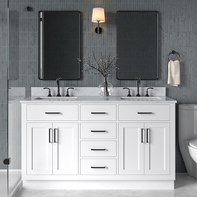 ARIEL Hepburn 60-inch Bathroom Vanity with Sink,Solid Wood, 0.75-inch Italian Carrara Marble Countertop, Double Rectangular Porcelain Sink, 4 Soft Closing Doors, 6 Dovetail Drawers, White