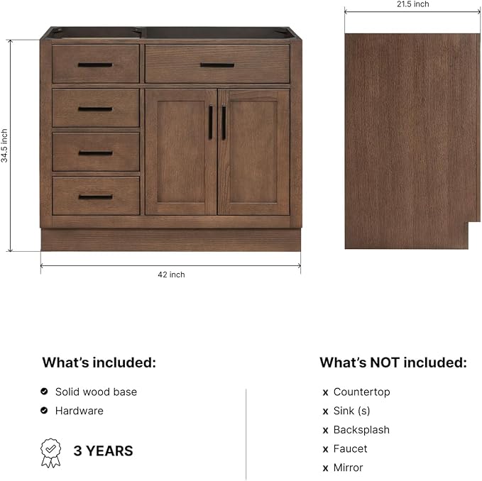 ARIEL Hepburn 42-inch Bathroom Vanity Base Cabinet,Solid Wood, 2 Soft Closing Doors, 5 Dovetail Drawers, Brown Oak