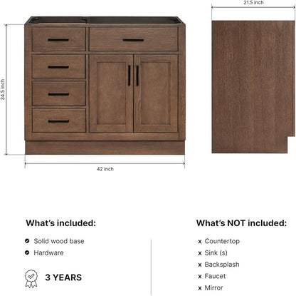 ARIEL Hepburn 42-inch Bathroom Vanity Base Cabinet,Solid Wood, 2 Soft Closing Doors, 5 Dovetail Drawers, Brown Oak