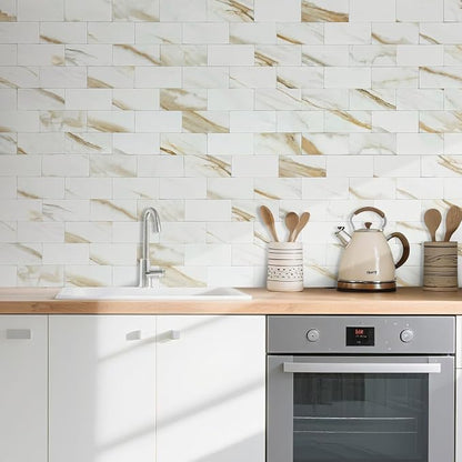 AULIGET 4-Piece Calacatta Gold Marble Look Peel and Stick Backsplash Wall Tiles, 3" x 6" Faxu Stone PVC Stick on Tile for Backsplash Kitchen, Bathroom, Laundry Room, Camper, Fireplace