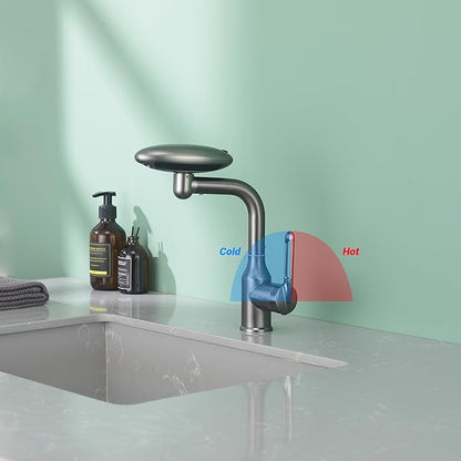 Bathroom Sink Faucet 1 Hole, Gunmetal Grey Multifunctional Basin Faucet with 4 Water Outlet Modes, Modern 360°Rotatable Bar Tap with Two Water Supply Pipes