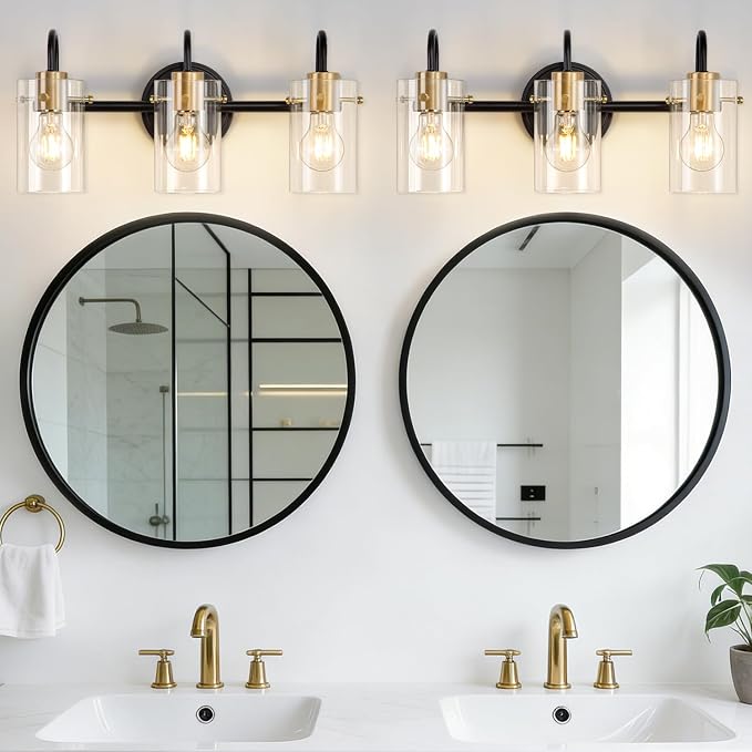 3 Light Bathroom Vanity Light, Black and Gold Bathroom Wall Light Fixtures with Clear Glass Shade, Modern Wall Sconces Wall Lamp Over Mirror Kitchen Living Room Bedroom Hallway Cabinet