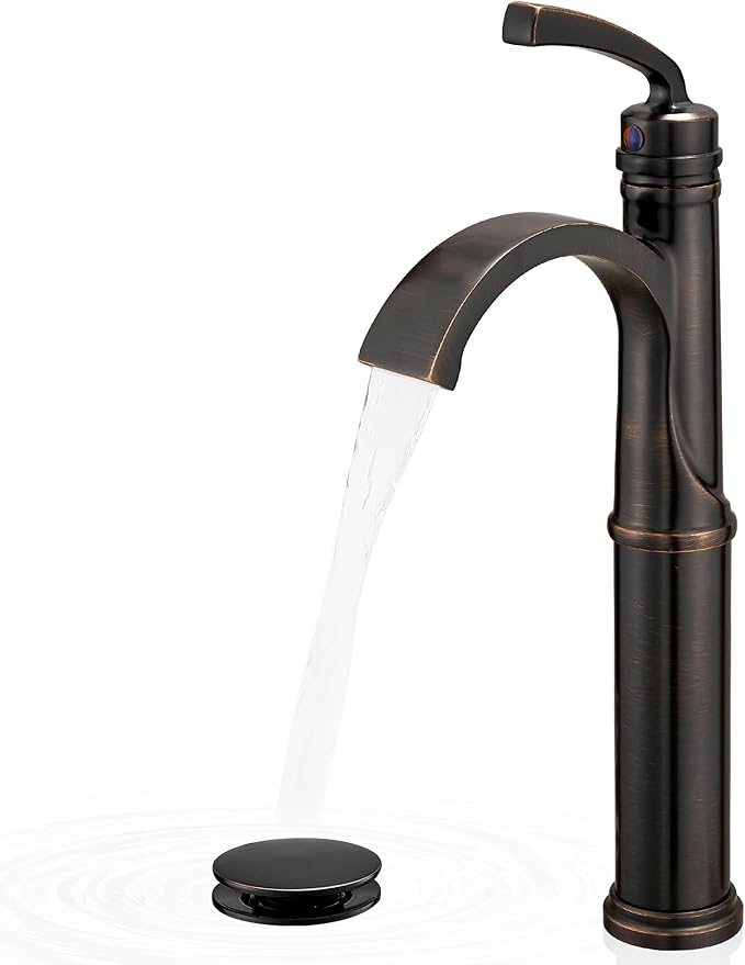 Waterfall Vessel Sink Faucet Oil Rubbed Bronze, Brass Tall Bathroom Faucet with Pop-up Drain, cUPC Supply Hoses, Single Handle for Vanity, Farmhouse, 1 Hole Vessel Sink, 5 Mins Quick Install