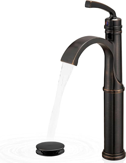 Waterfall Vessel Sink Faucet Oil Rubbed Bronze, Brass Tall Bathroom Faucet with Pop-up Drain, cUPC Supply Hoses, Single Handle for Vanity, Farmhouse, 1 Hole Vessel Sink, 5 Mins Quick Install