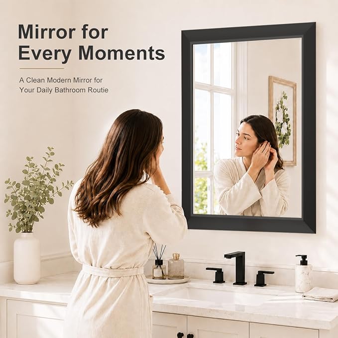 SMIROR 24x28 Matte Black Bathroom Vanity Mirror for Over Sink | Metal Wide Frame, Rectangle, Right- Angle Corner, Anti-Rust, Horizontally or Vertically Wall- Mounted for Home Remodel