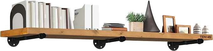 TEN49 Industrial Pipe Wood Wall Shelf - 60" Real Wooden Shelf w/ Special Walnut Color & 1.8" Extra Thickness - Modern Interior Decor Floating Shelving - Rustic Farmhouse Style Bookshelf - Set of 1