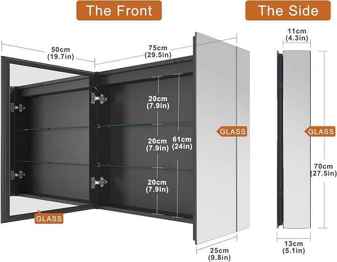 30*28 inch Two-door Aluminum LED Lighted Bathroom Medicine Mirror Cabinet | Light Adjustable, Sockets & USBs inside, Anti-Fog, Easy to Install