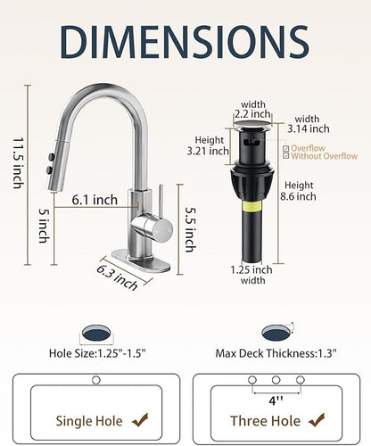Fransiton Bathroom Faucets, Bar Sink Faucet Single Hole for Bathroom Kitchen Campers with Deck Plate Outdoor Faucet Vessel Farmhouse Vanity Lavatory (Brushed Nickel - Pull Sprayer - A)